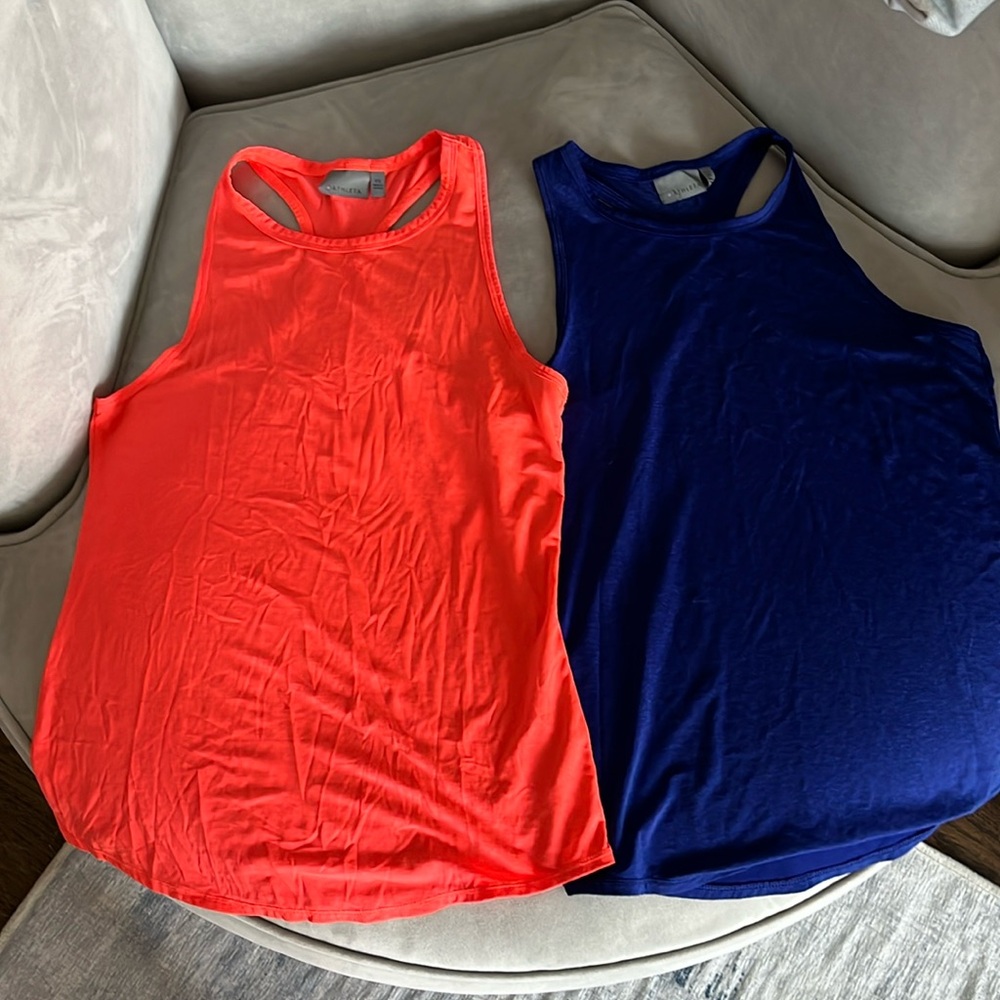 Bundle of 2 Athleta Racerback Tank Tops size XS in bright orange and cobalt blue